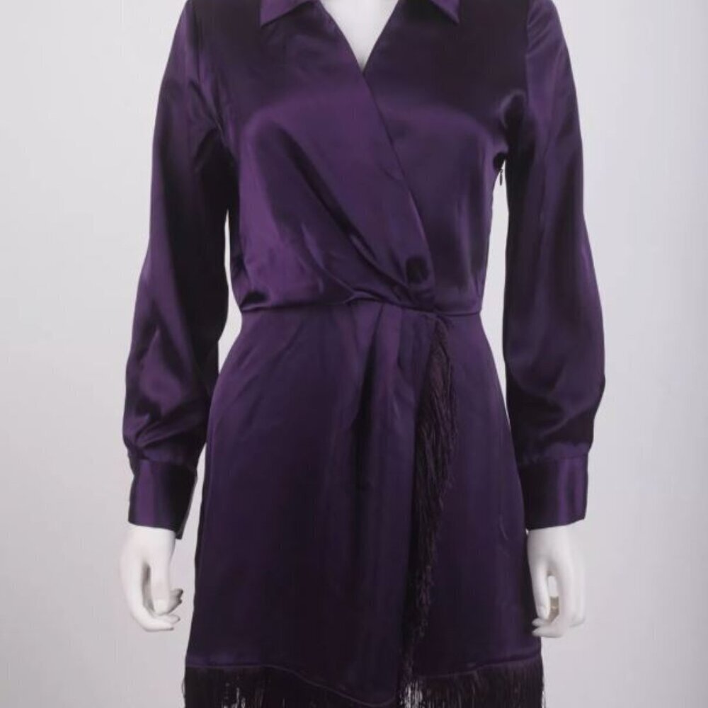 ZARA WOMENS FRINGED WRAP DRESS S PURPLE SATIN EFFECT LONG S SLEEVE 2081 845 654 - Picture 4 of 4